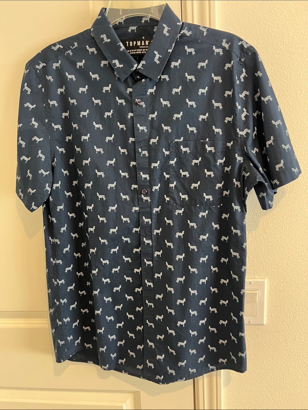 Topman Navy Short-Sleeve Button-Down Shirt with White Dog Motif